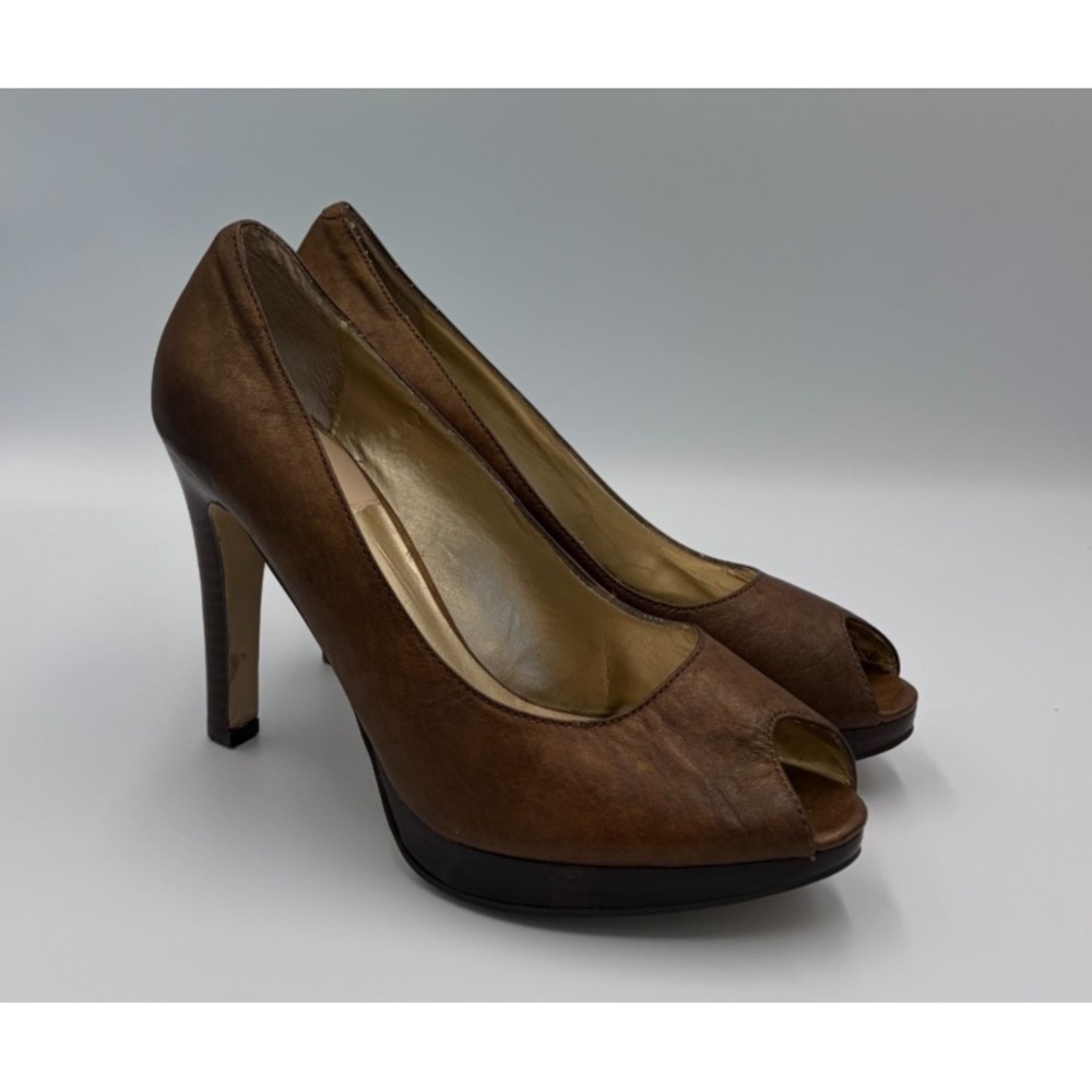 Nine West Womens 6.5 M Brown Leather Peep Toe Platform Pumps High Heels NWFRANCI